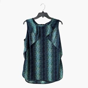 Worthington Shell Top Women's Size L Blue Green Snakeskin Print Ruffle Corpcore